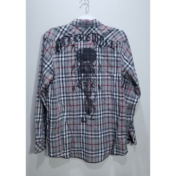 Decoded Shirt Men Medium Long Sleeve Brown Button Up Skull Logo Skater Check Top - Picture 2 of 11